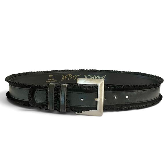 Betsey Johnson Vintage Black Leather Grosgrain Ruffle Trim Belt Size L